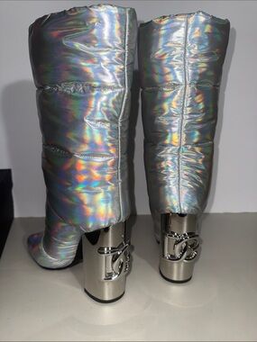 Dolce & Gabbana Holographic Silver Puffer Knee Boots